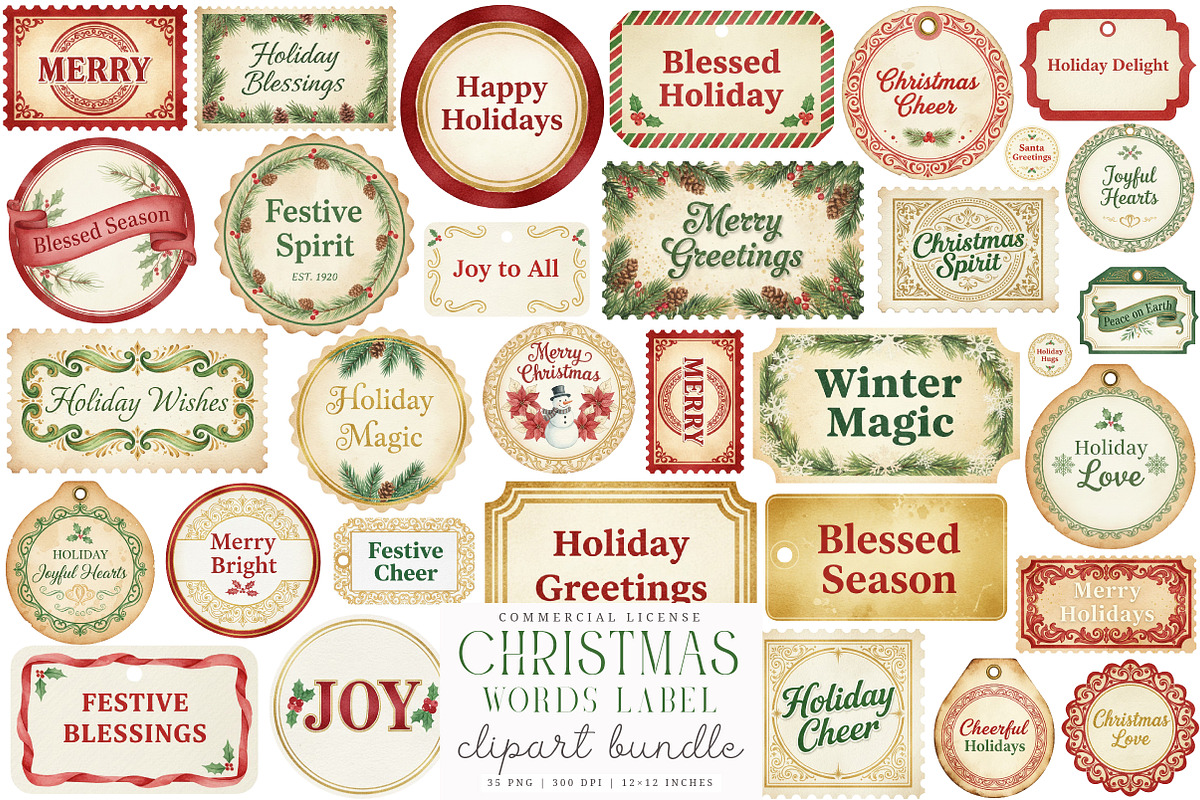 Vintage Christmas Words Labels PNG, an Illustration by SinaCreation (Photo 1 of 7)