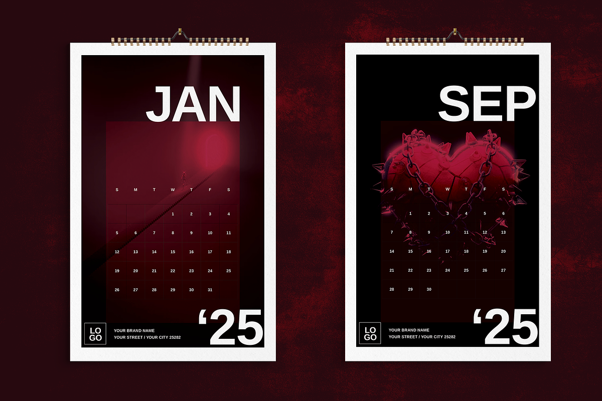 2025 Wall Calendar Dark Red Theme, a Stationery Template by Boris Cupac (Photo 1 of 5)