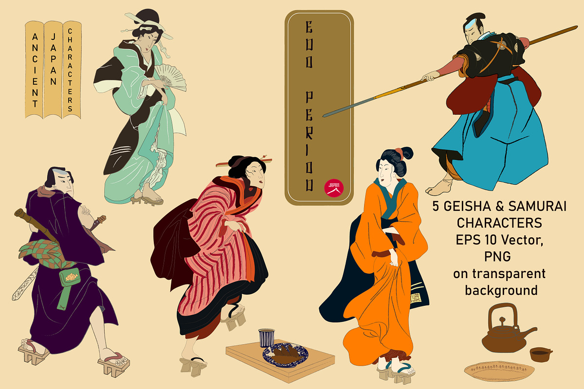 Ancient Japan Edo Geisha & Samurai, a Person Illustration by Bychovsky design (Photo 1 of 7)