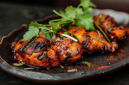 A plate holding grilled chicken, vib, a Photo by Iftikhar Alam