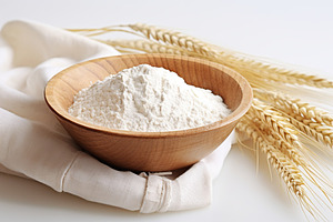 Flour in wooden bowl with wheat ears on white background, a Food & Drink Photo by AlyaAnd