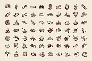 70 Hand-Drawn Meals Icons