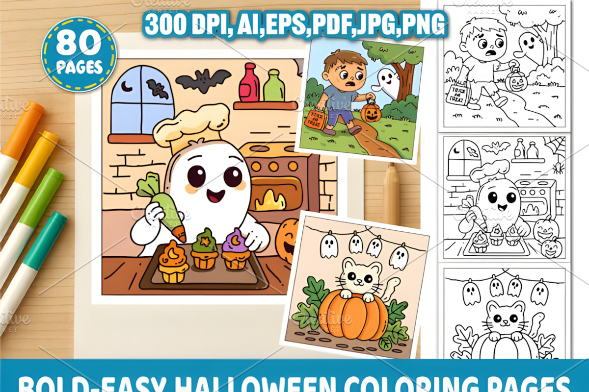 Bold & Easy Halloween Coloring Pages, a Seasonal Illustration by Coco Bloom (Photo 1 of 3)