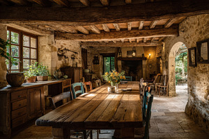 Rustic dining room with wooden table, an Architecture Photo by Virgo Studio