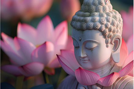 Serene buddha statue amidst blooming, an Arts & Entertainment Photo by Ylivdesign