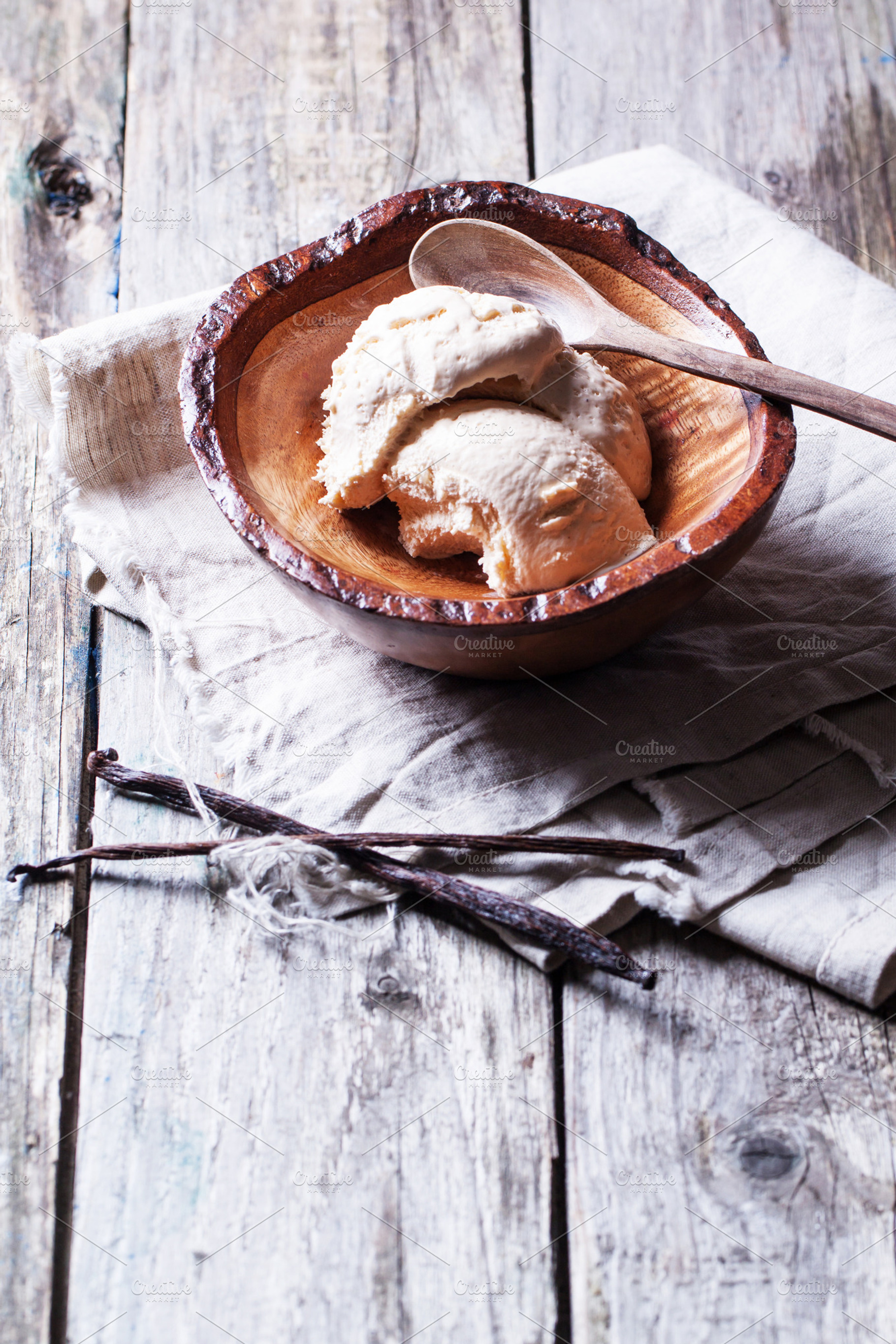 Bowl with vanilla ice cream featuring ice cream, vanilla, and bowl