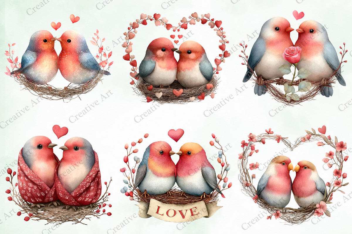 Valentine Cute Couple Birds Clipart, an Illustration by Creative Art (Photo 3 of 9)