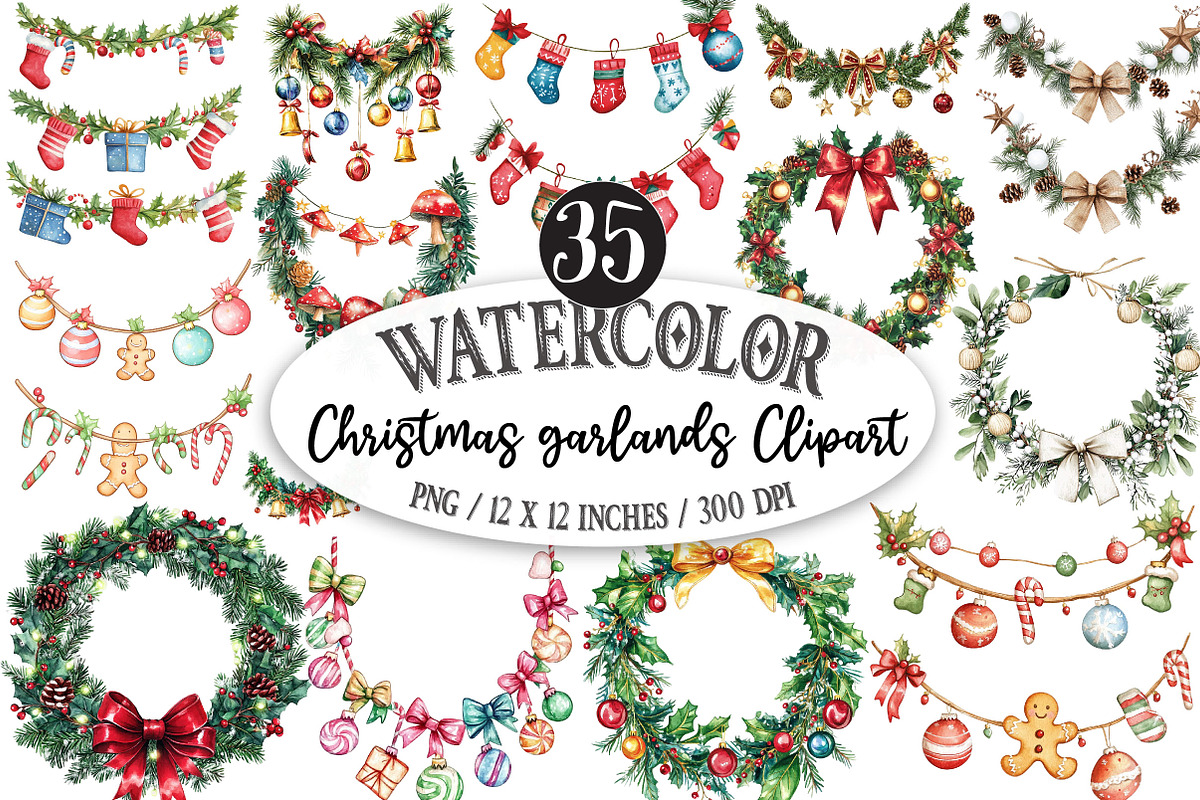Christmas garlands Clipart, a Seasonal Illustration by Designking (Photo 1 of 5)