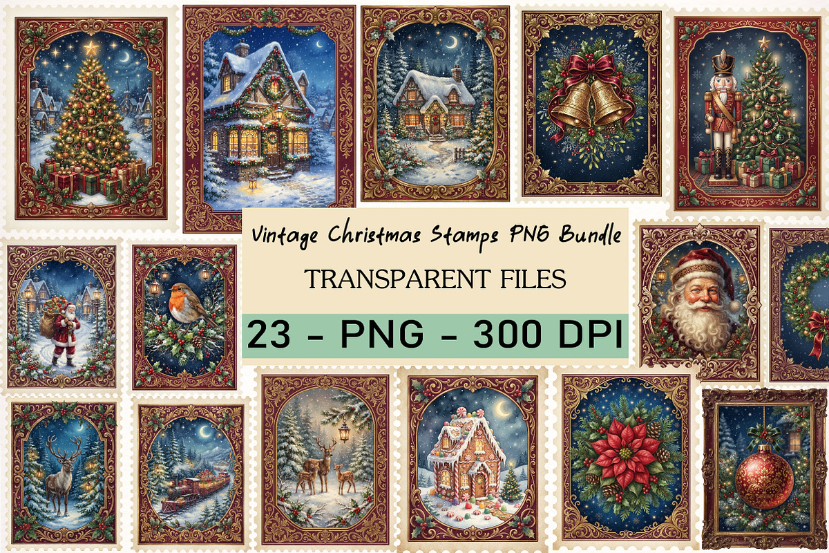 Vintage Christmas Stamps PNG Bundle, a Transportation Illustration by Digital Artistic99 (Photo 1 of 9)