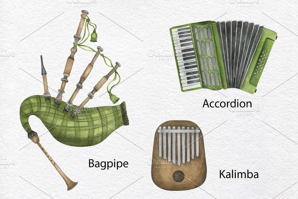 Musical Instruments Watercolor Set, an Education Illustration by KathrineWatercolor (Photo 8 of 9)