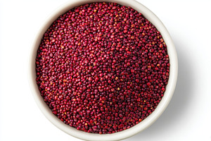 Red quinoa in a white bowl healthy f, a Photo by Pixeness Studio