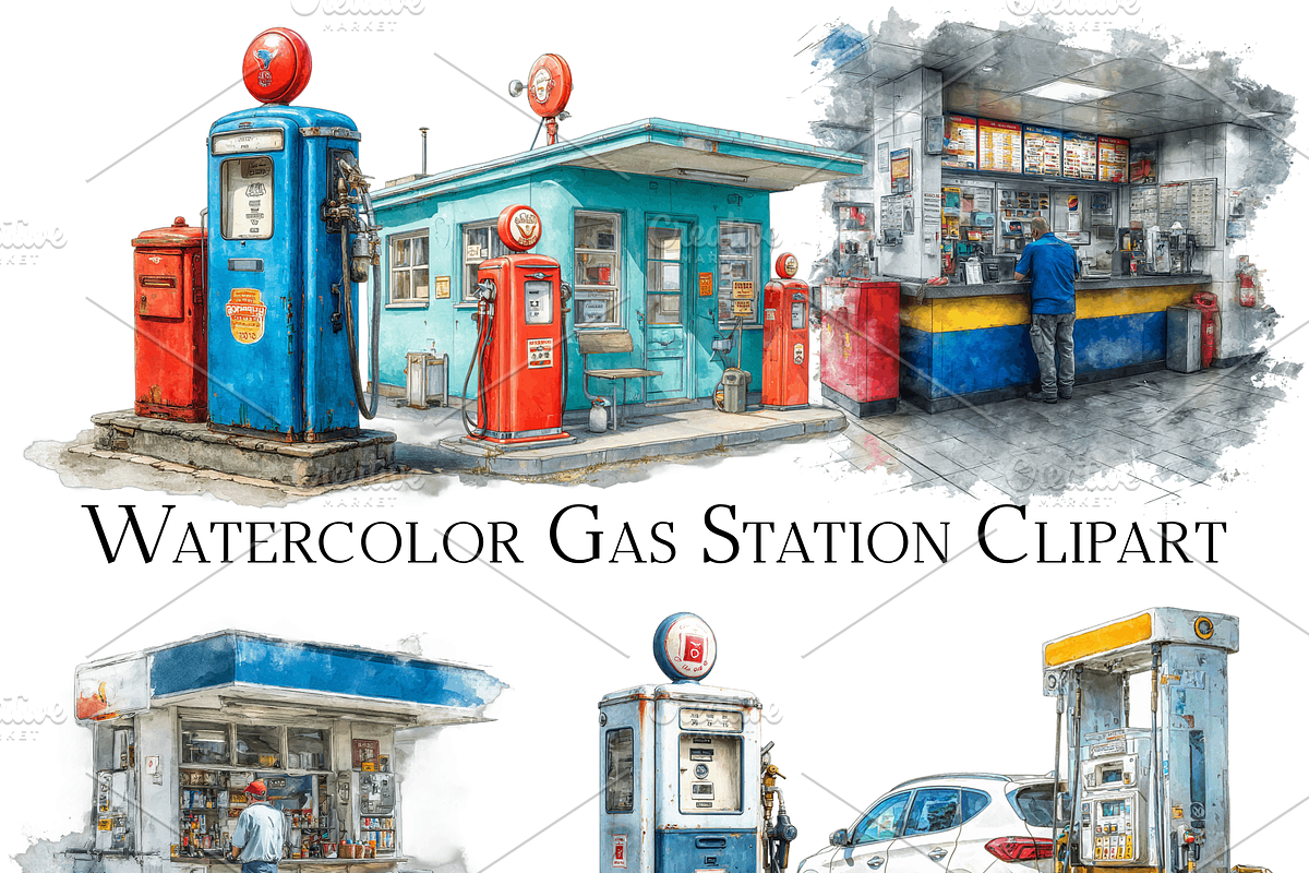 Watercolor Gas Station Clipart, an Object Graphic by ArtisticTimberStudio (Photo 2 of 2)