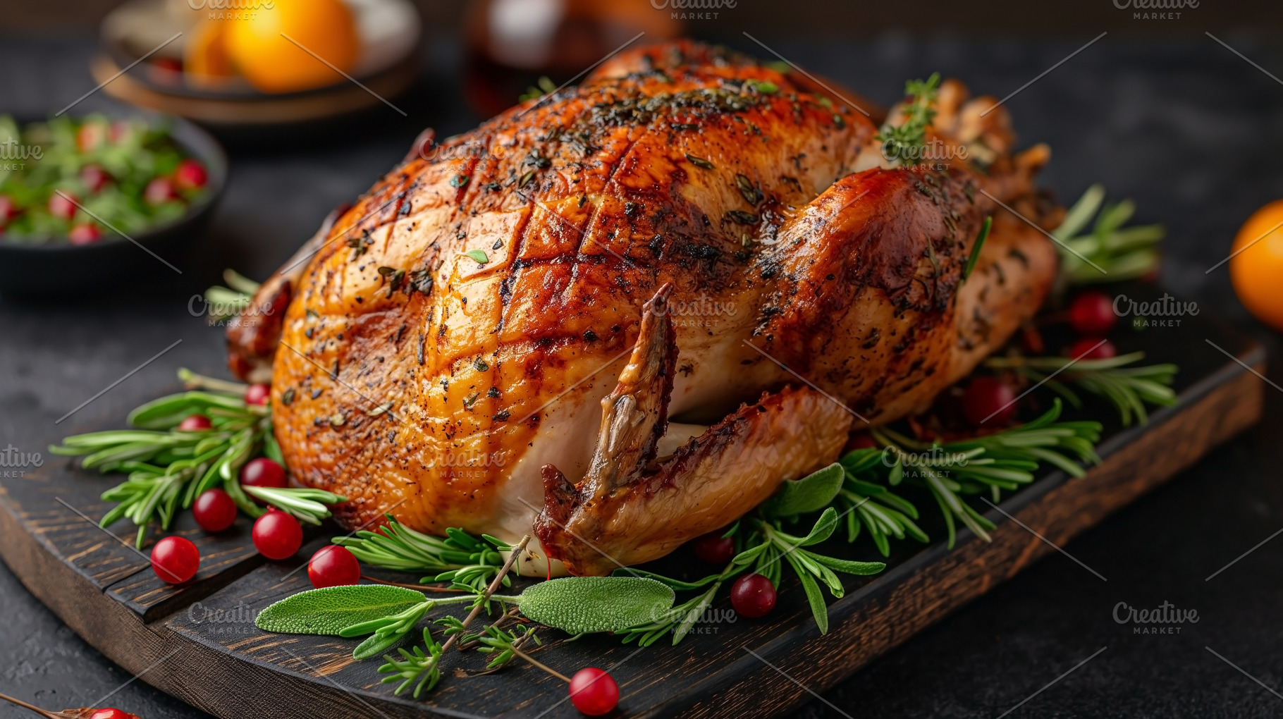 A beautifully roasted turkey garnished with herbs and seasonal b, a Food & Drink Photo by ImageMir
