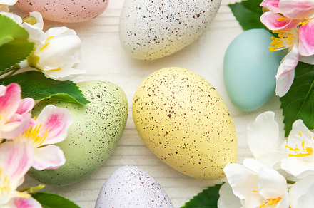 Colorful easter eggs and spring flowers creating festive atmosph, a Holiday Photo by Olena Rudo