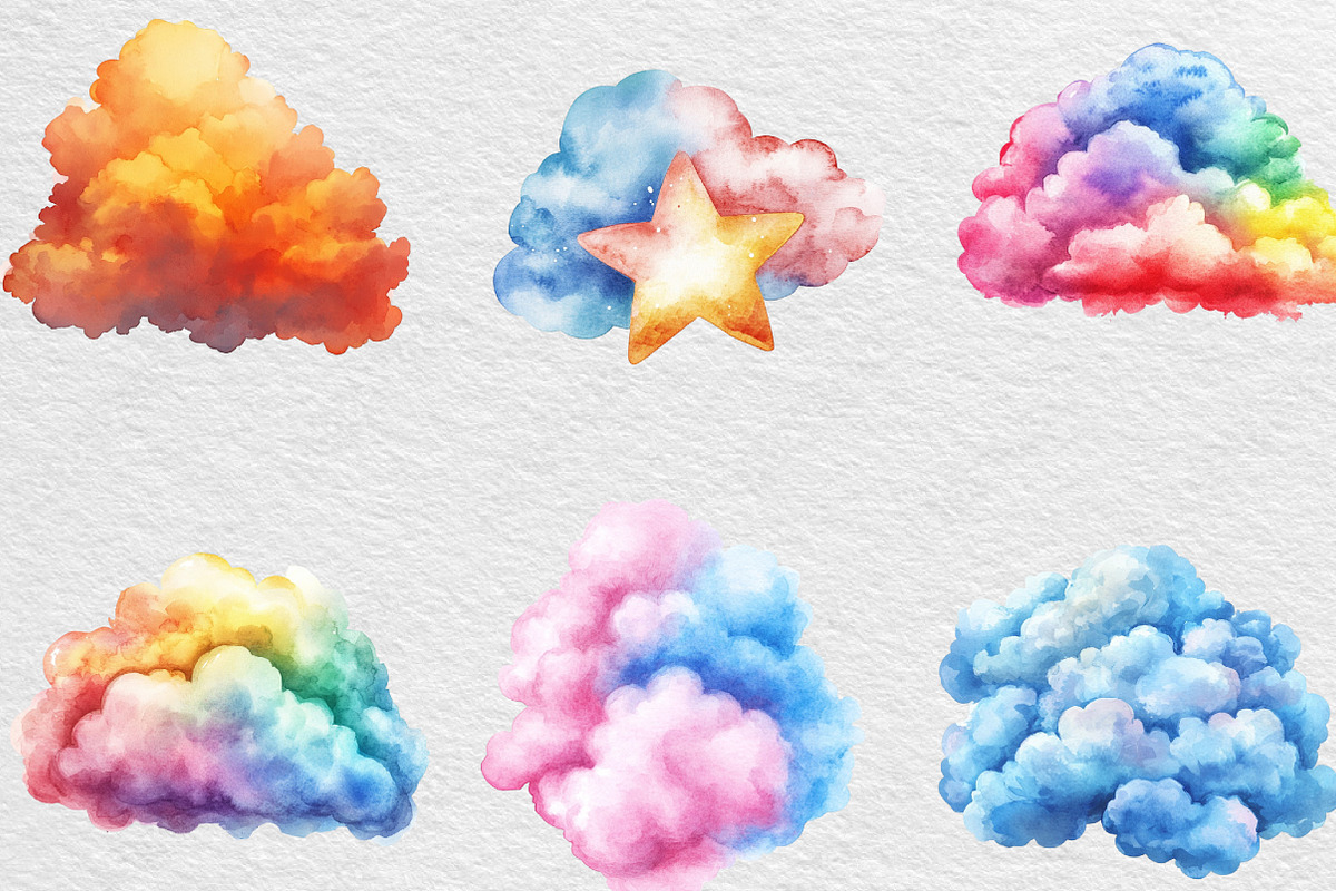 Watercolor Fluffy Clouds Clipart, an Illustration by Black Bird Studio (Photo 2 of 6)
