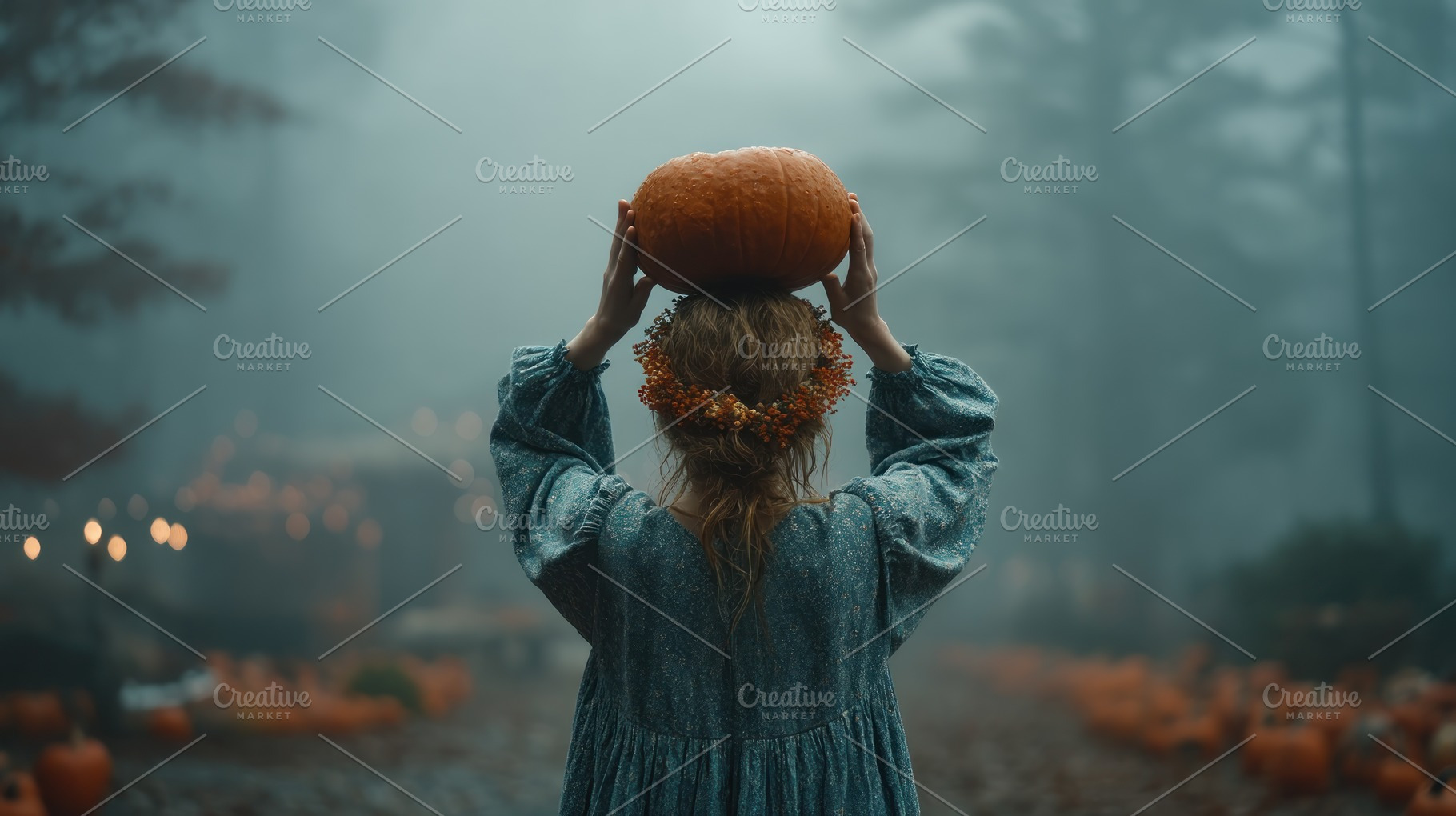 Woman in vintage dress holding pumpkin on head in foggy autumn f, a Holiday Photo by José Manuel Gelpi
