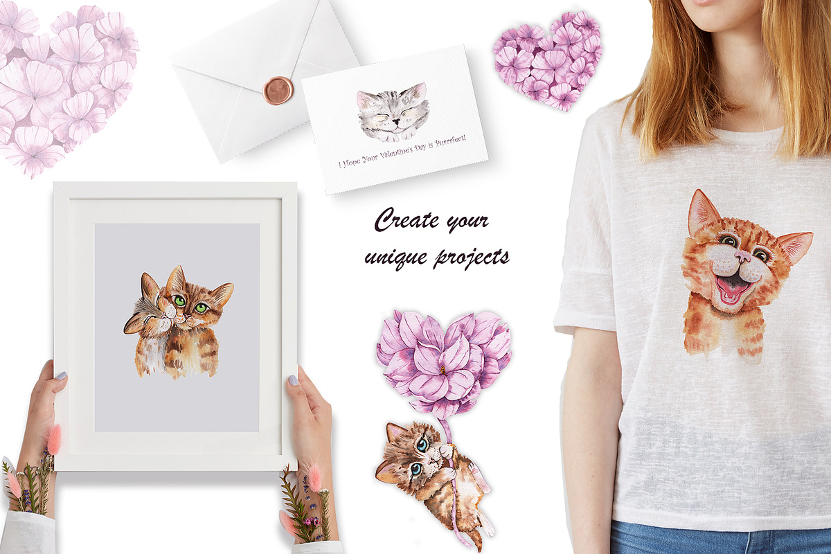Valentine's Day Watercolor Cats, an Animal Illustration by TanataDesign (Photo 9 of 10)