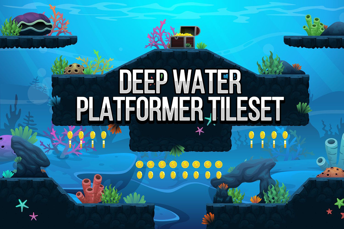 Deep Water - Platformer Tileset, an Illustration by pzUH (Photo 1 of 5)