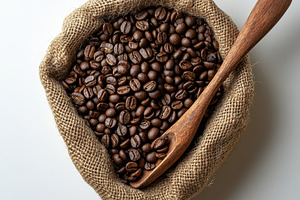 Roasted Coffee Beans in Burlap Sack, a Food & Drink Photo by Pixeness Studio