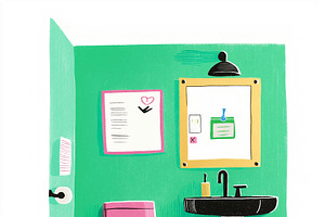 A colorful bathroom with green walls, an Empty State Illustration by Sybillla