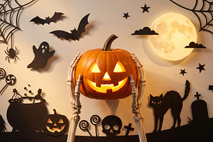 skeleton holding Halloween pumpkin