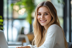 A beautiful young woman smiling, a Photo by Pavel_design