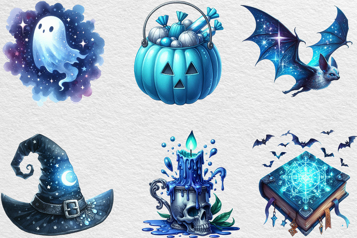 Watercolor Blue Halloween Clipart, an Illustration by Black Bird Studio (Photo 2 of 6)