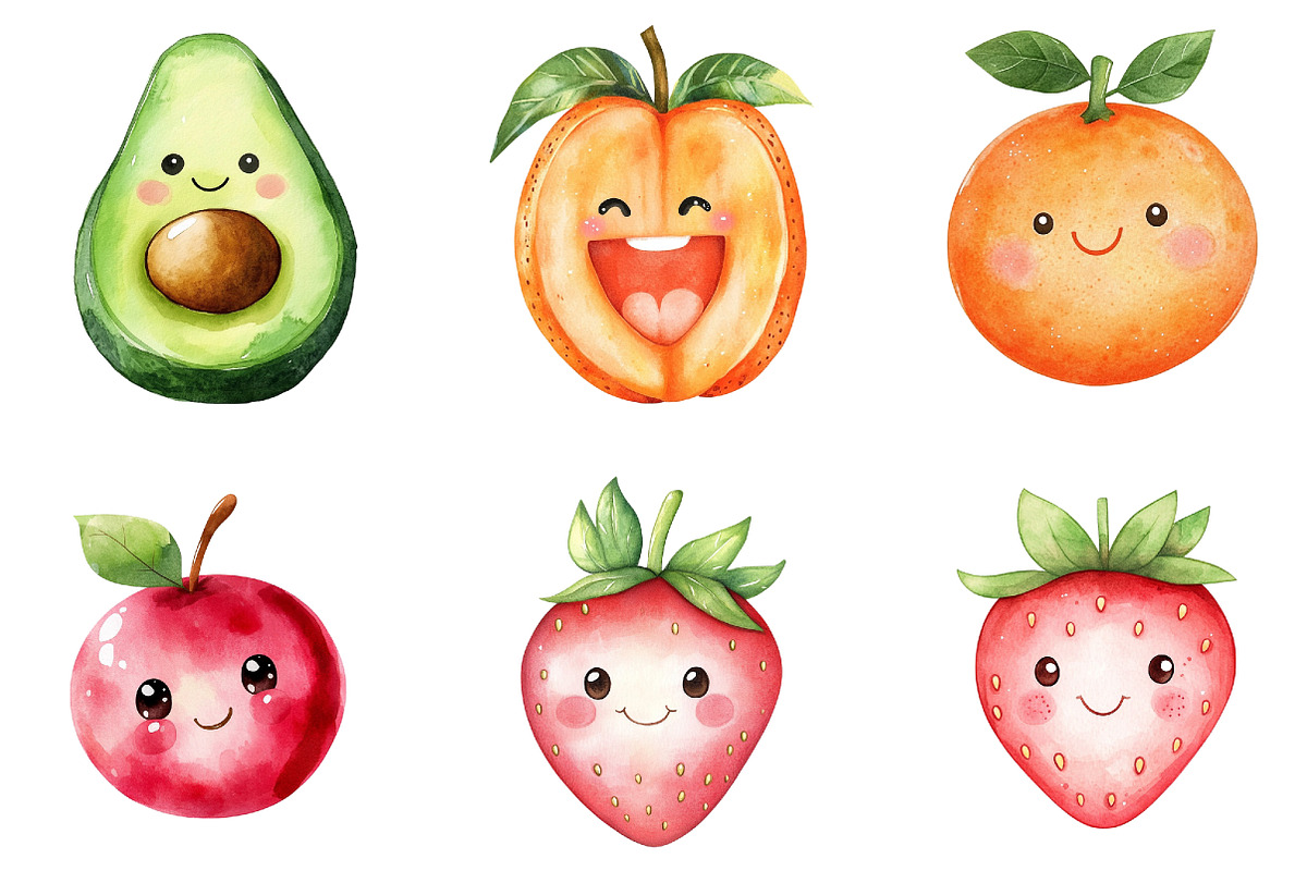 Cute Kawaii Fruits Clipart, an Illustration by DreamArtGraphic (Photo 2 of 4)