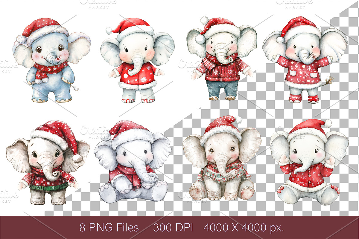 Christmas Elephant. Watercolor PNG., an Animal Illustration by KENO Mascots (Photo 2 of 7)