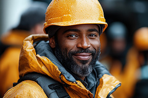 A man in a raincoat and hard hat smiles while working outdoors in the rain., an Industrial Photo by AlyaAnd