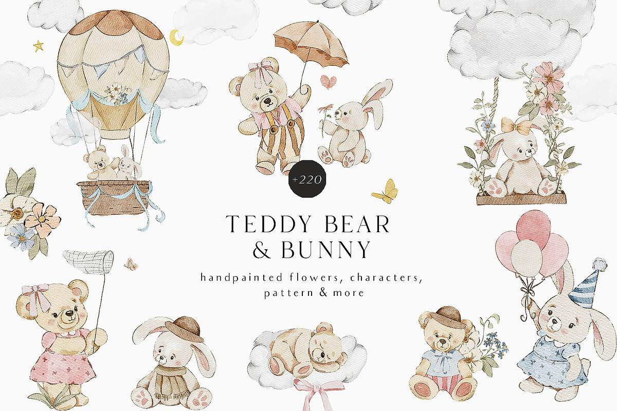 Teddy Bear & Bunny Watercolor spring, a Decorative Illustration by Grace Noboa Illustrations (Photo 1 of 14)