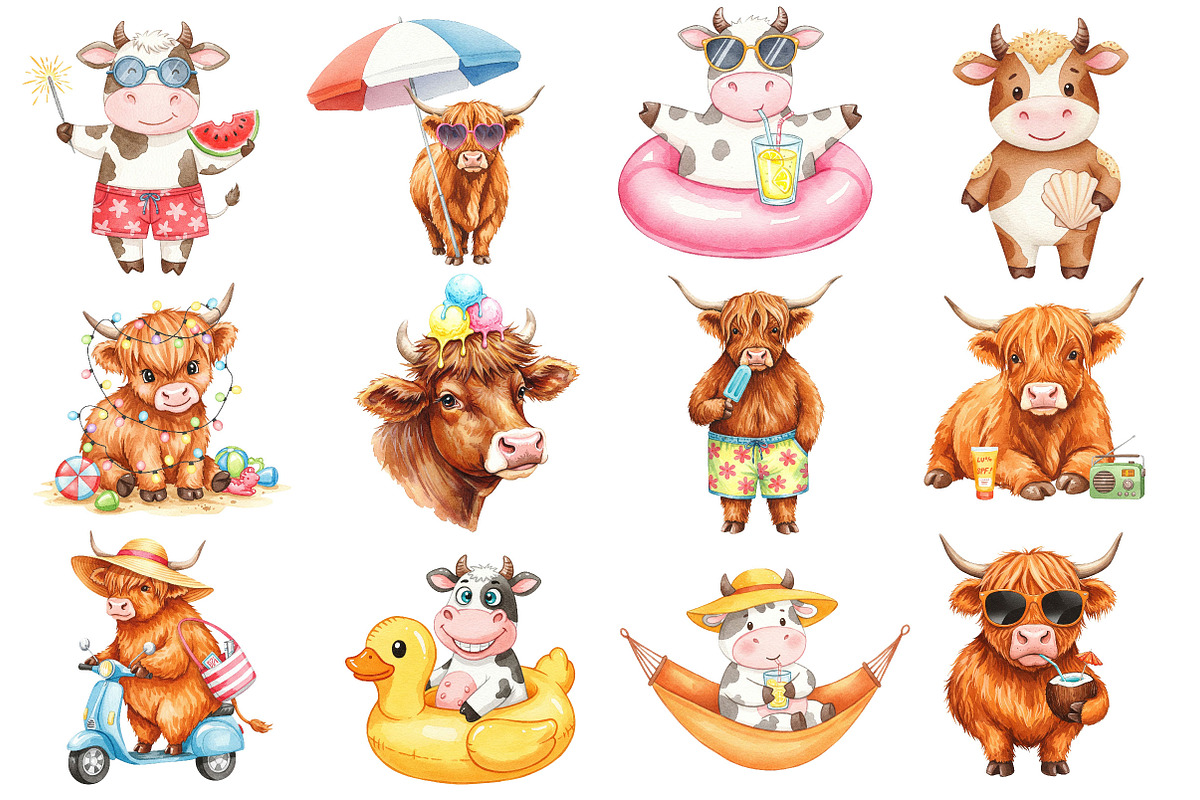 Funny Summer Highland Cow Clipart, an Illustration by Dream Creation (Photo 3 of 4)