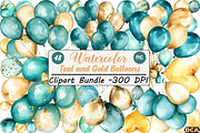 Teal and Gold Balloons Clipart, an Illustration by DreamCafeArt (Thumbnail 1 of 9)