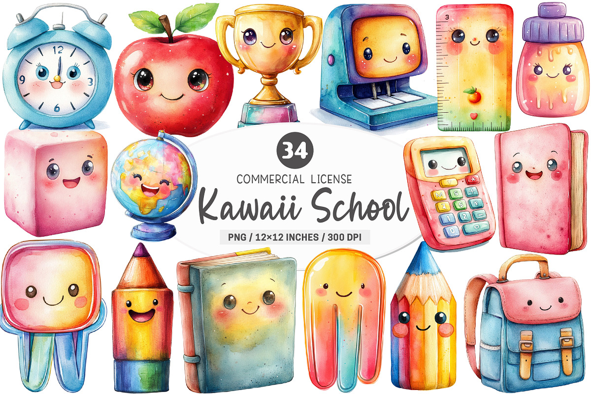 Kawaii School Clipart PNG, an Illustration by SinaCreation (Photo 1 of 5)