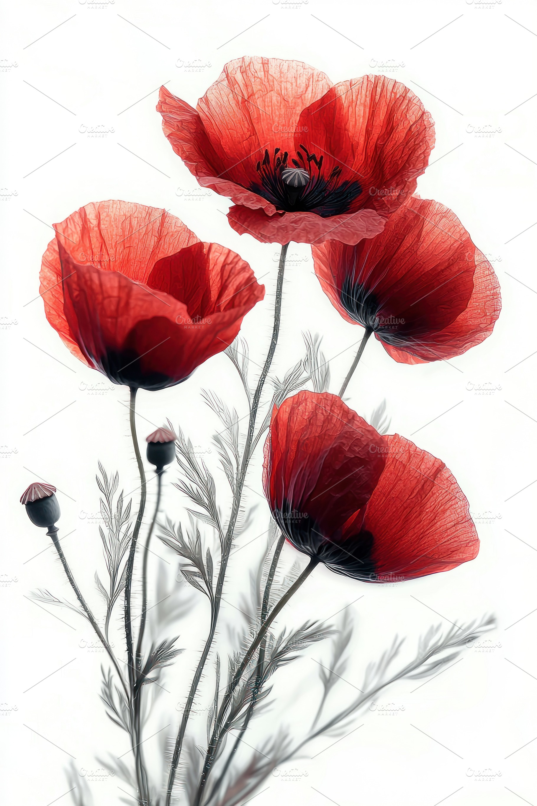 Delicate red poppies with translucent petals and fine stems arra, a Nature Photo by José Manuel Gelpi