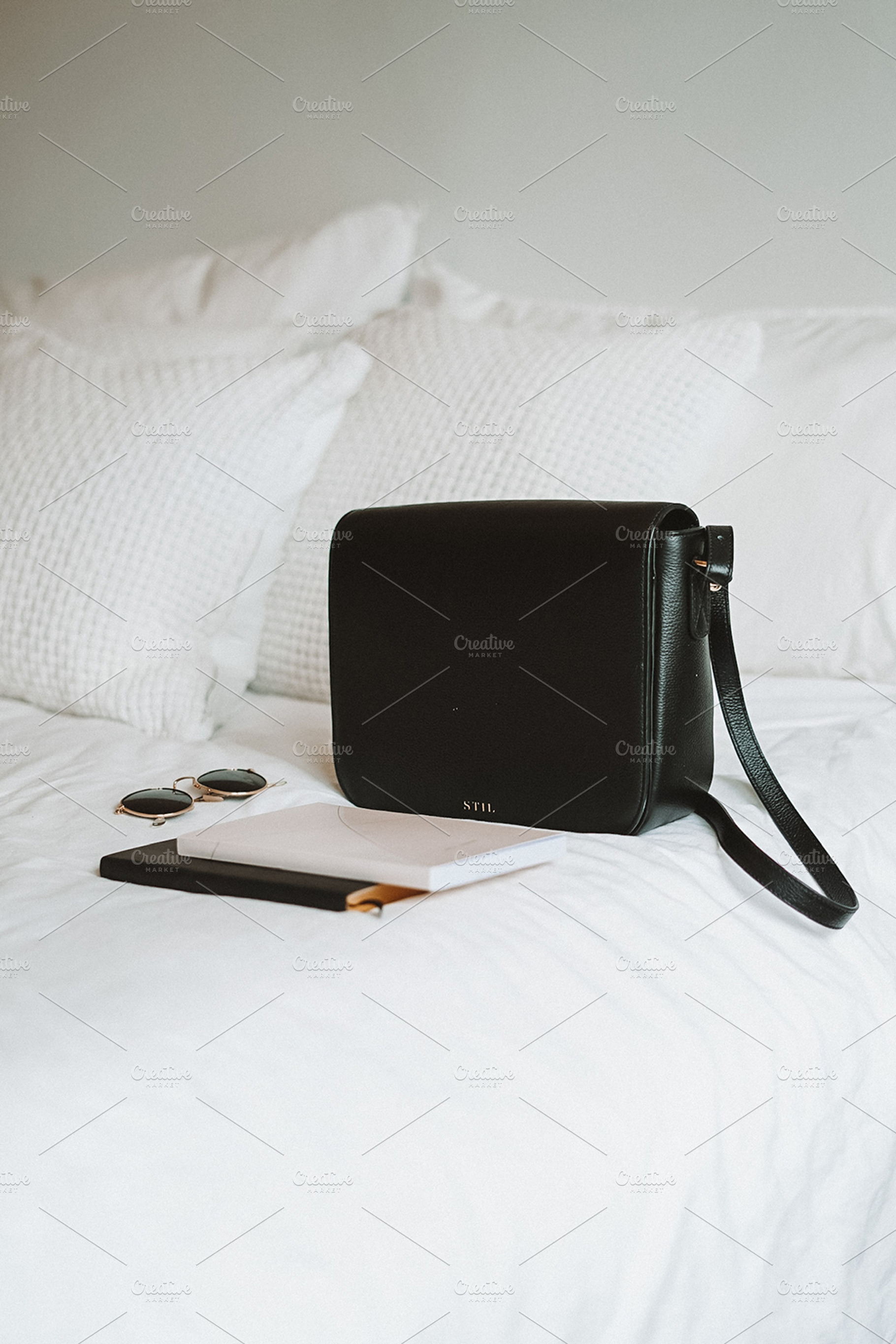 Bag and Sunglasses on Bed, a Beauty & Fashion Photo by Marissa Cristina