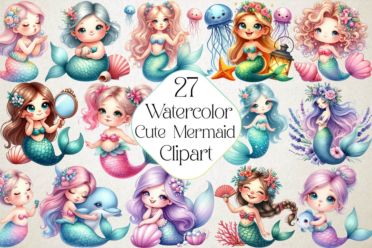 Cute Mermaid Watercolor Clipart, an Illustration by DreamPrint404 (Photo 1 of 6)