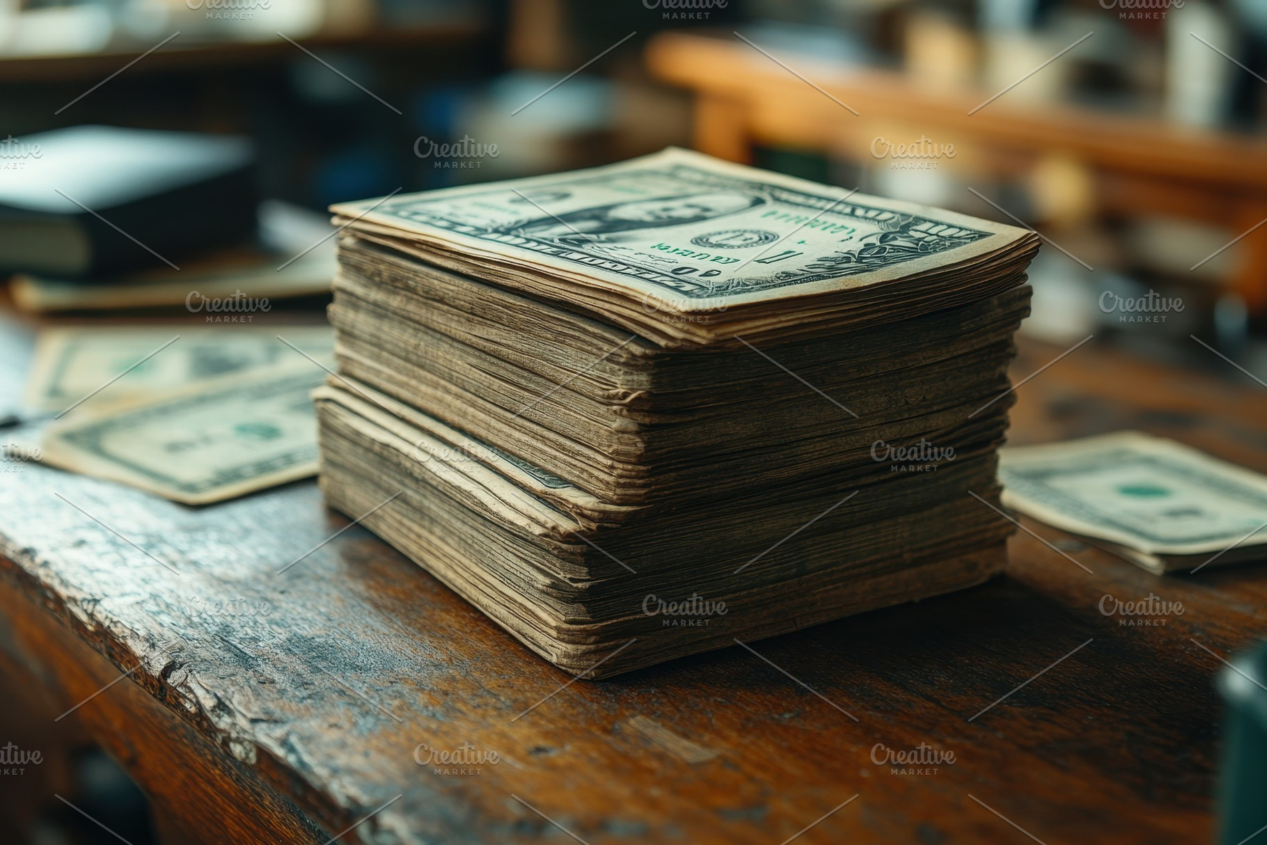 Stack of currency bills on a wooden, a Photo by Tanuart