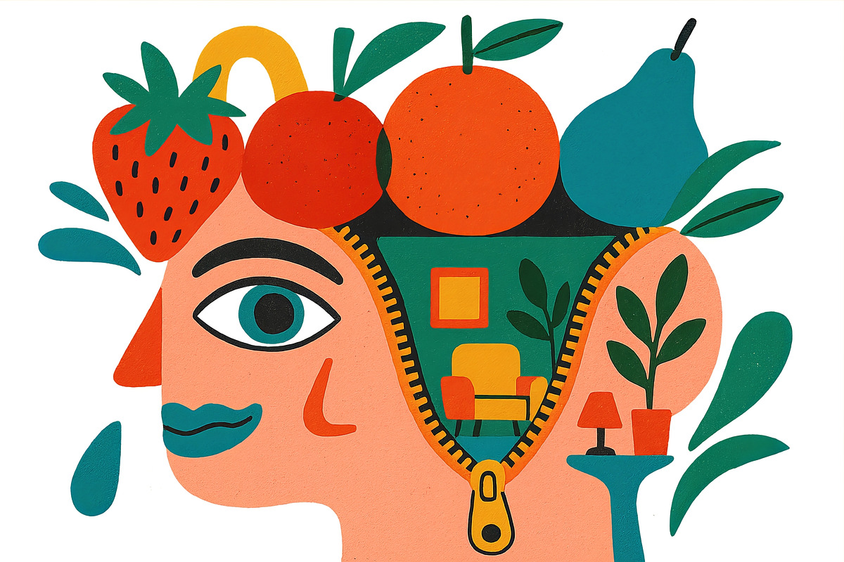 Surreal head filled with fruits and, an Illustration by Dvoevnore photos