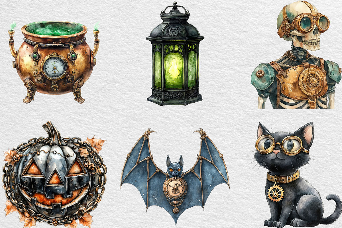 Steampunk Halloween Clipart Bundle, an Illustration by Black Bird Studio (Photo 2 of 6)