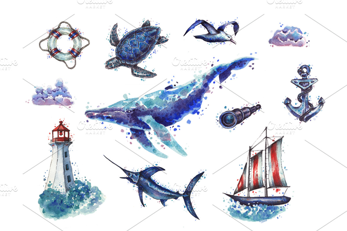 Watercolor sea collection, a Pattern Graphic by lenavetka87 (Photo 1 of 3)