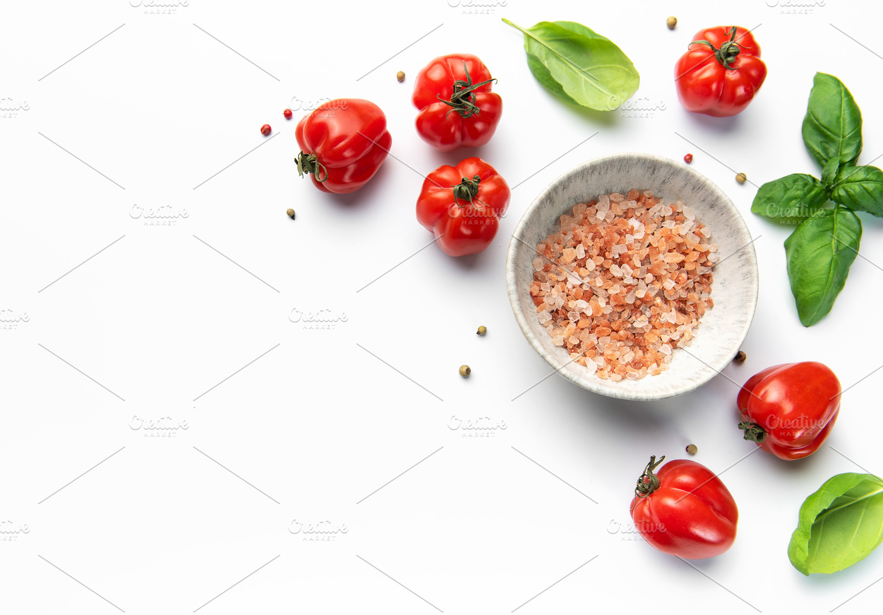 Fresh tomatoes basil and himalayan pink salt preparing ingredien, a Food & Drink Photo by Olena Rudo