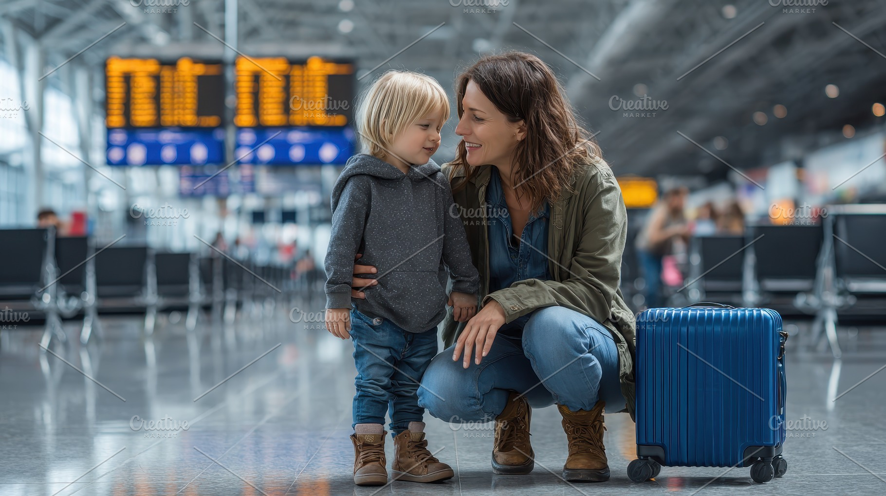 Mother and son at the airport waitin, a Photo by Pixeness Studio