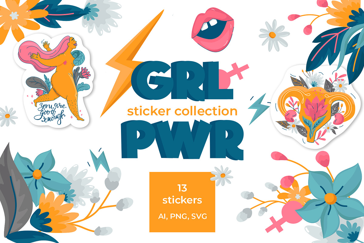 Girl Power Sticker Vector Collection, an Illustration by Kate Galunga Artstore (Photo 1 of 6)