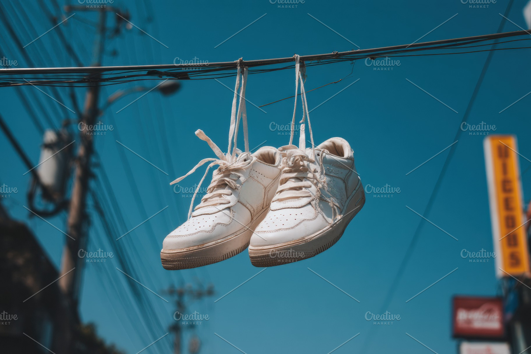 White sneakers hanging on wire, a Sports & Recreation Photo by Virgo Studio