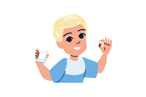 Blond boy taking medicine with water, an Object Illustration by pikepicture