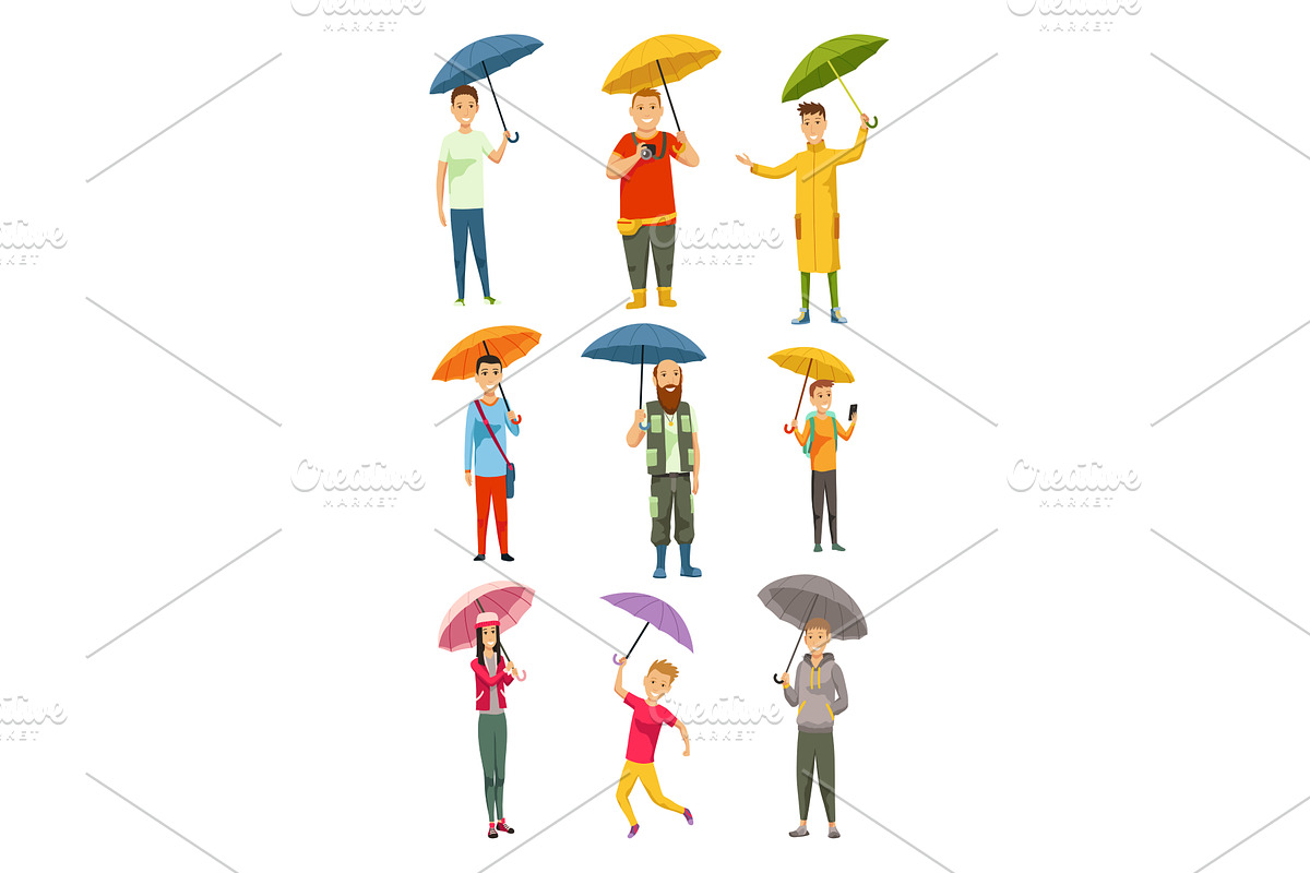 Characters holding umbrellas, an Illustration by the8monkey