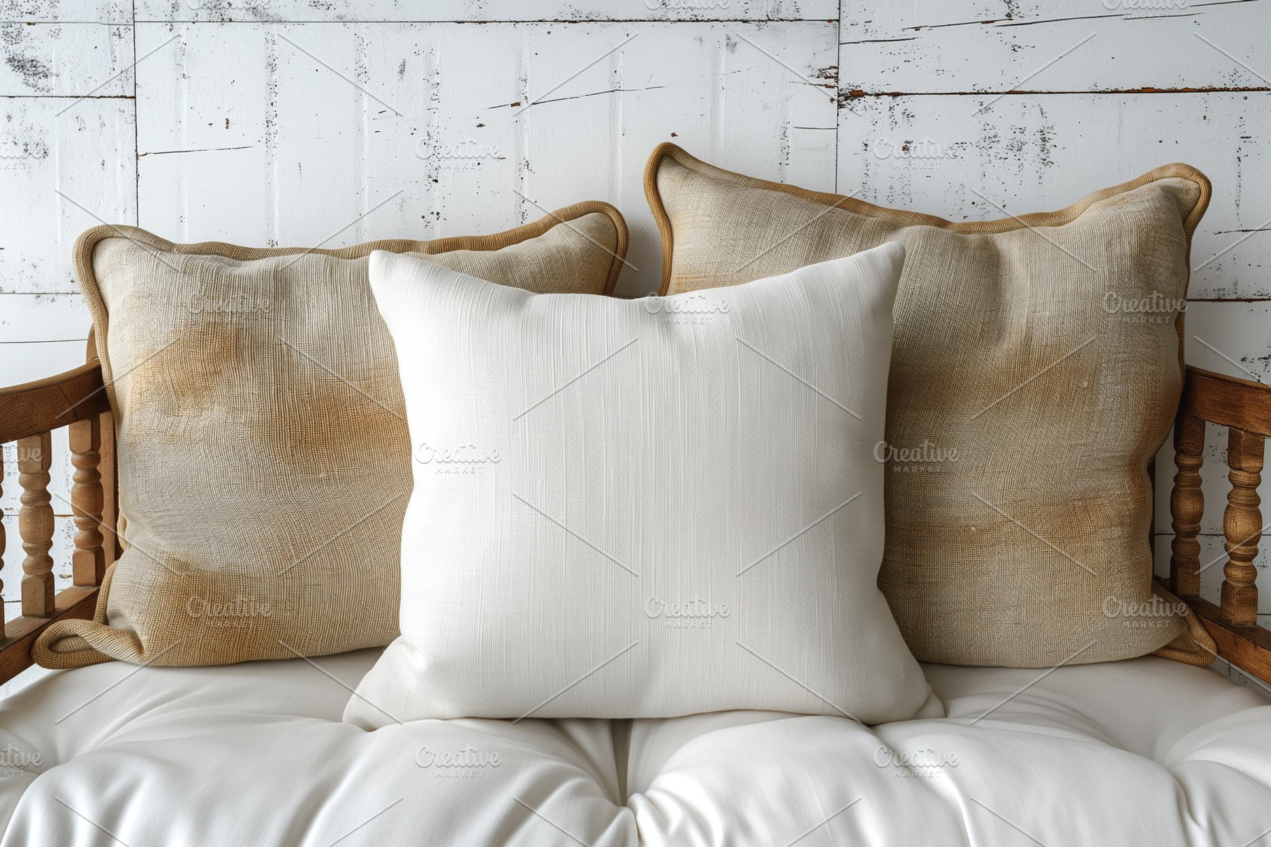 A cozy arrangement of plush white and textured pillows on a rustic wooden bench, a Business Photo by ImageMir
