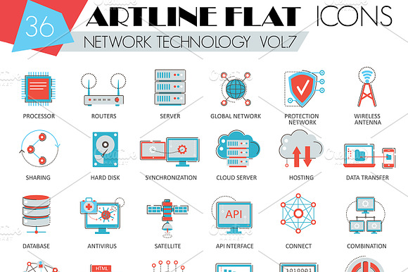 36 Network Technology Artline Icons.