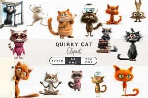 Quirky Cat Clipart, Vol 1, 52 PNG